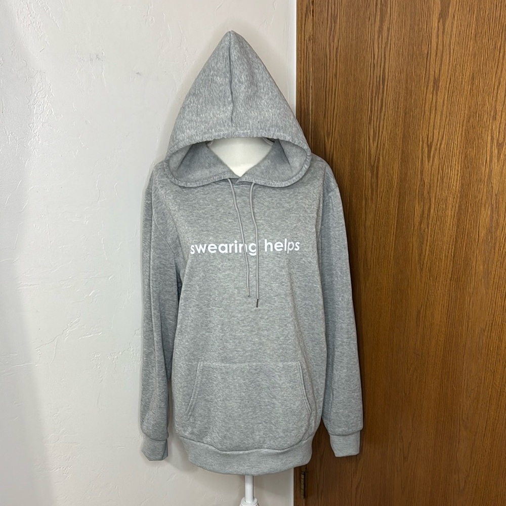 Swearing Helps heathered  grey kangaroo pocket hoodie L